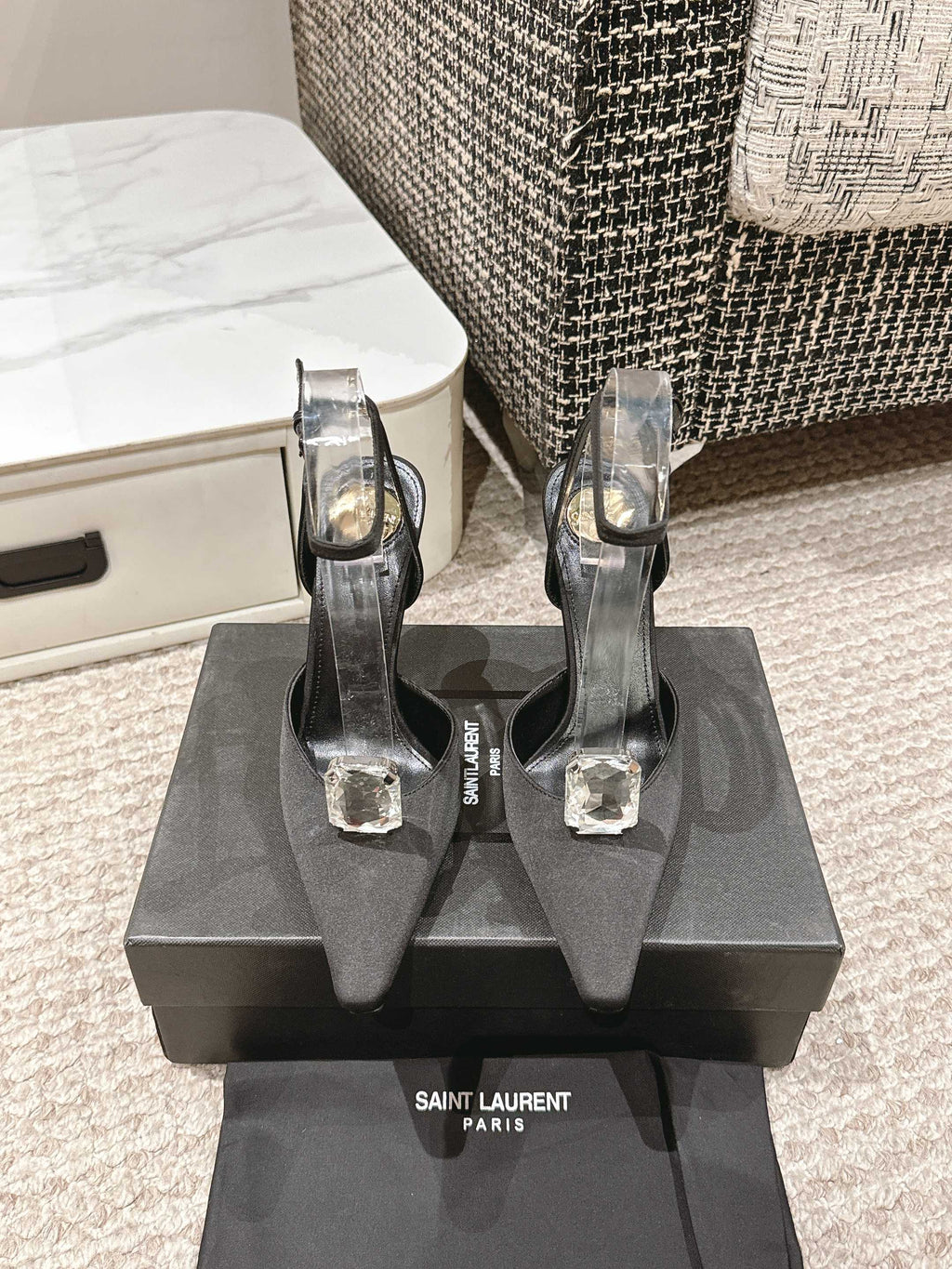 AIMÉE HIGH 75 MM SLINGBACK PUMPS IN BLACK SATIN WITH CRYSTAL