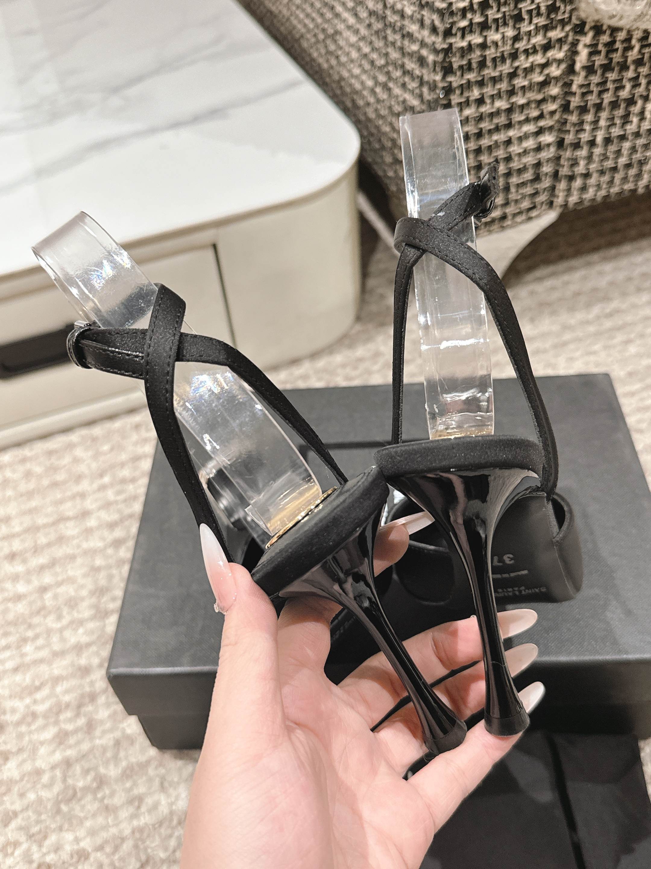 AIMÉE HIGH 75 MM SLINGBACK PUMPS IN BLACK SATIN WITH CRYSTAL