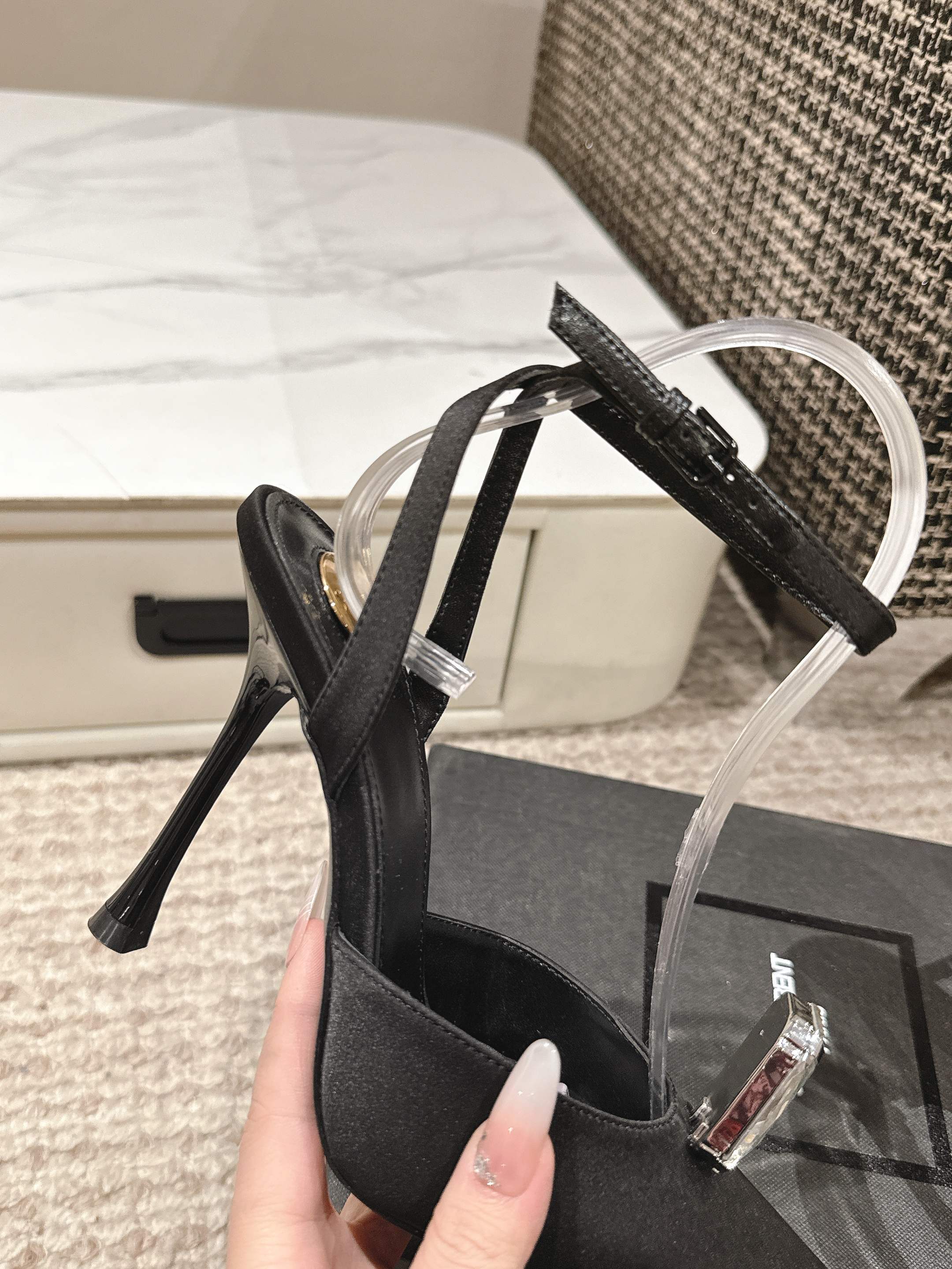 AIMÉE HIGH 75 MM SLINGBACK PUMPS IN BLACK SATIN WITH CRYSTAL