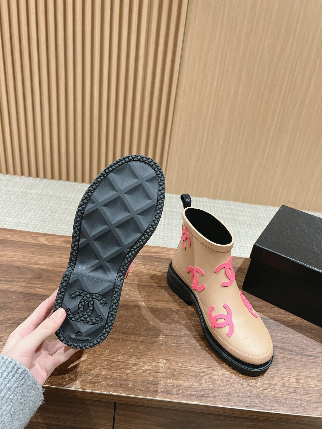 CC RAIN BOOTS BEIGE CREAM TPU WITH PINK LOGO