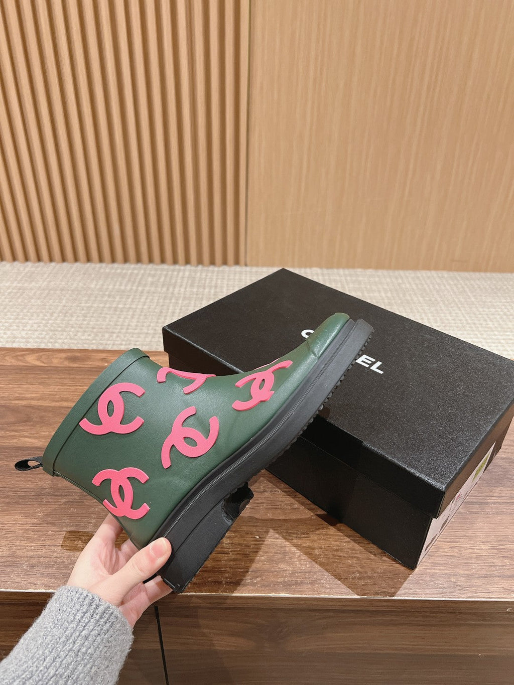 CC RAIN BOOTS GREEN FOREST TPU WITH PINK LOGO