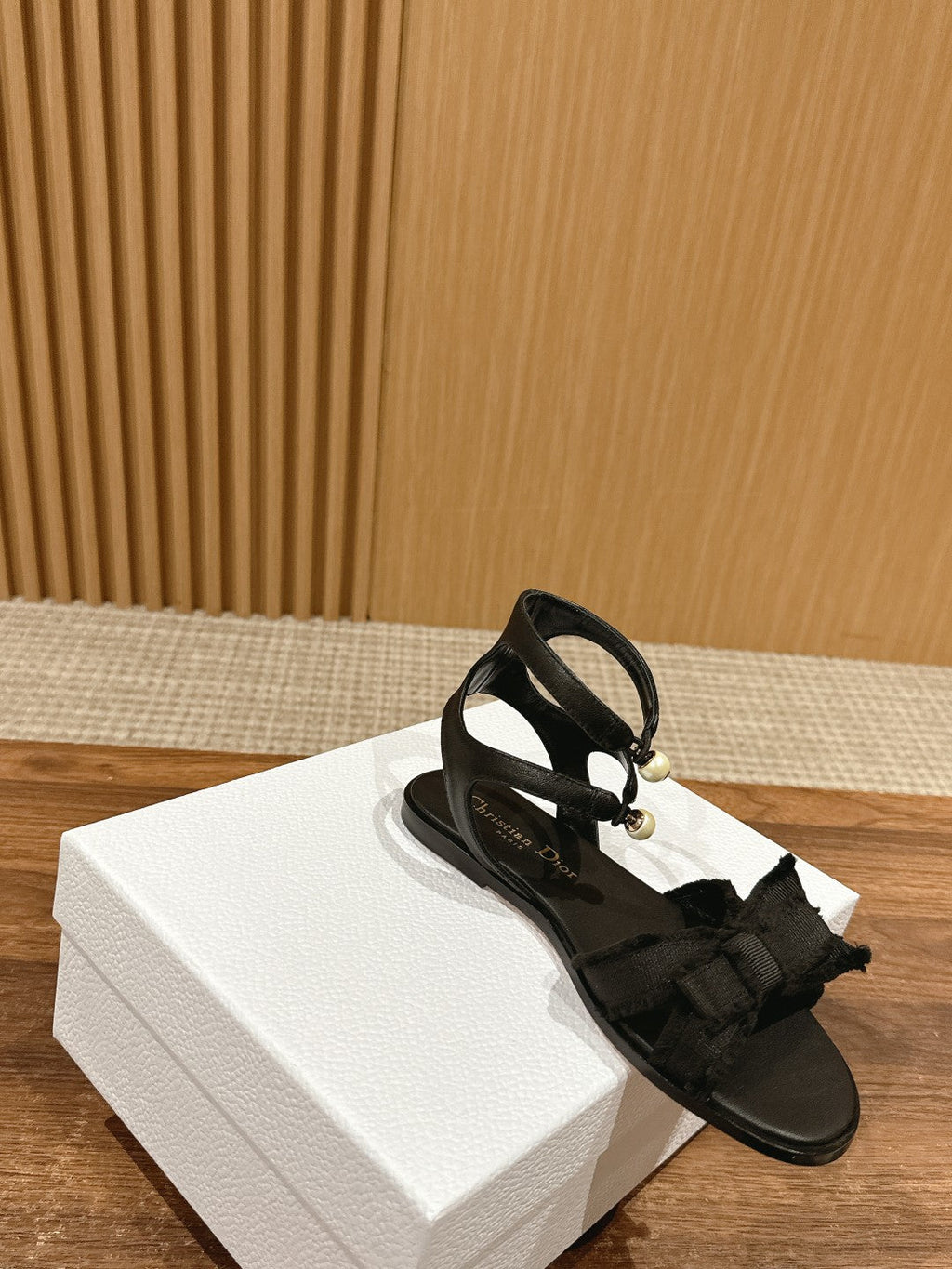 DIOR ADIORABLE SANDALS 25S IN BLACK FABRIC AND LAMBSKIN WITH PEARL DETAILING