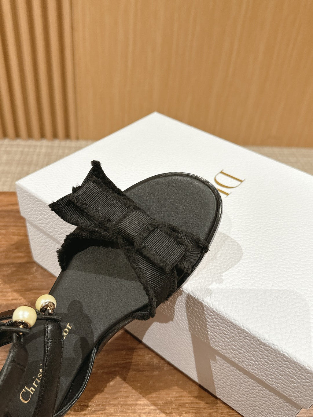DIOR ADIORABLE SANDALS 25S IN BLACK FABRIC AND LAMBSKIN WITH PEARL DETAILING
