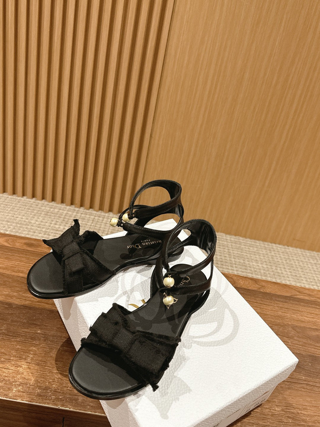 DIOR ADIORABLE SANDALS 25S IN BLACK FABRIC AND LAMBSKIN WITH PEARL DETAILING