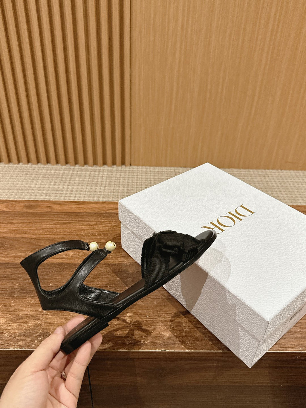 DIOR ADIORABLE SANDALS 25S IN BLACK FABRIC AND LAMBSKIN WITH PEARL DETAILING