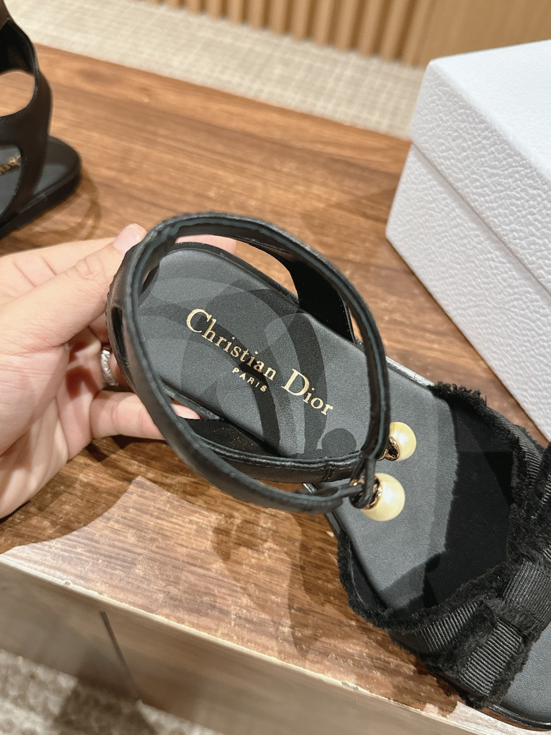 DIOR ADIORABLE SANDALS 25S IN BLACK FABRIC AND LAMBSKIN WITH PEARL DETAILING