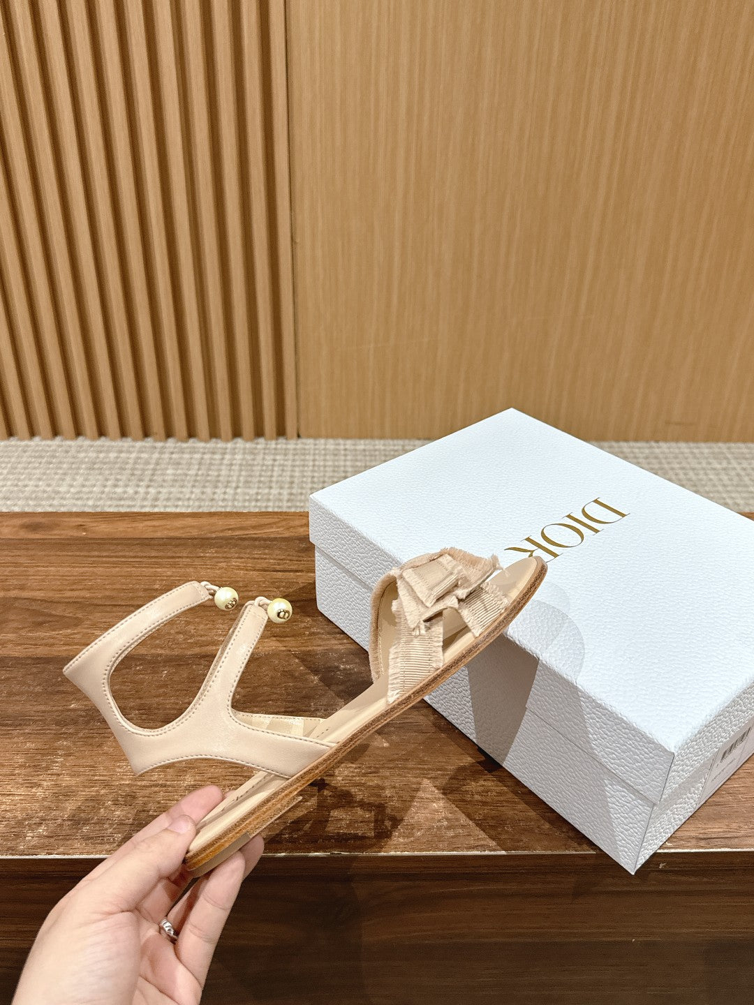 DIOR ADIORABLE SANDALS 25S IN LIGHT BEIGE FABRIC AND LAMBSKIN WITH PEARL DETAILING