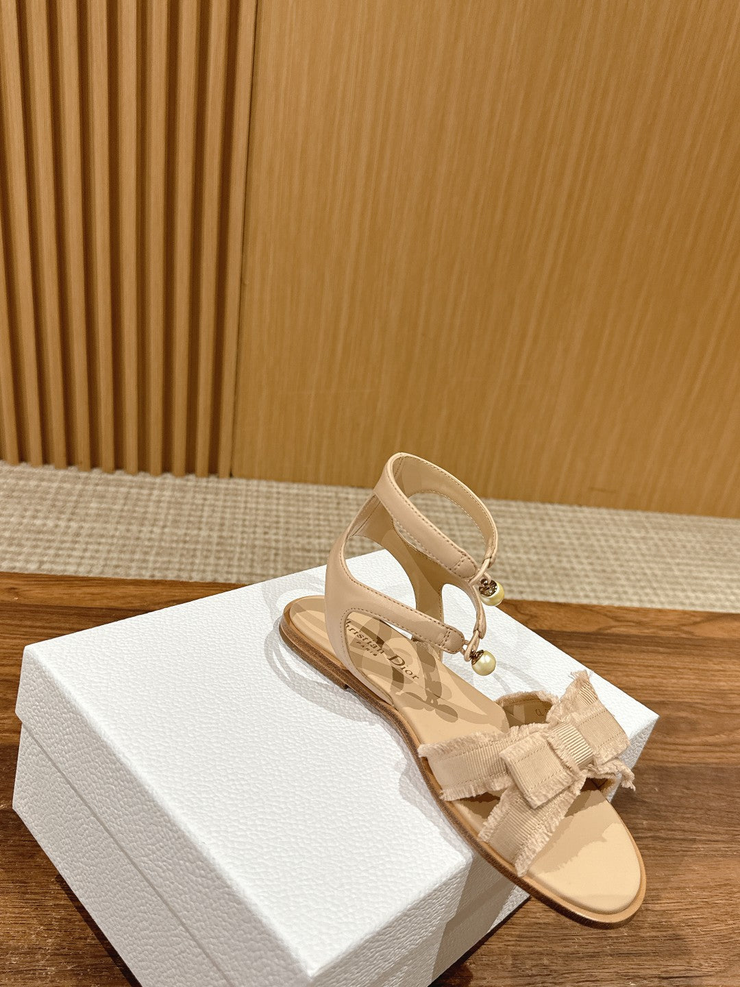DIOR ADIORABLE SANDALS 25S IN LIGHT BEIGE FABRIC AND LAMBSKIN WITH PEARL DETAILING