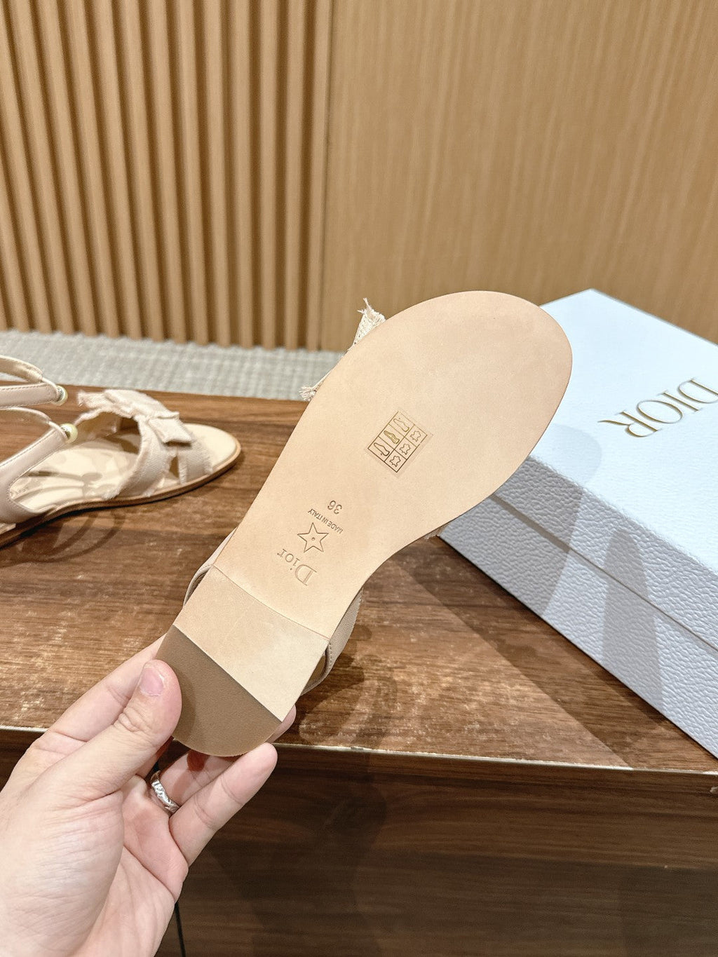 DIOR ADIORABLE SANDALS 25S IN LIGHT BEIGE FABRIC AND LAMBSKIN WITH PEARL DETAILING