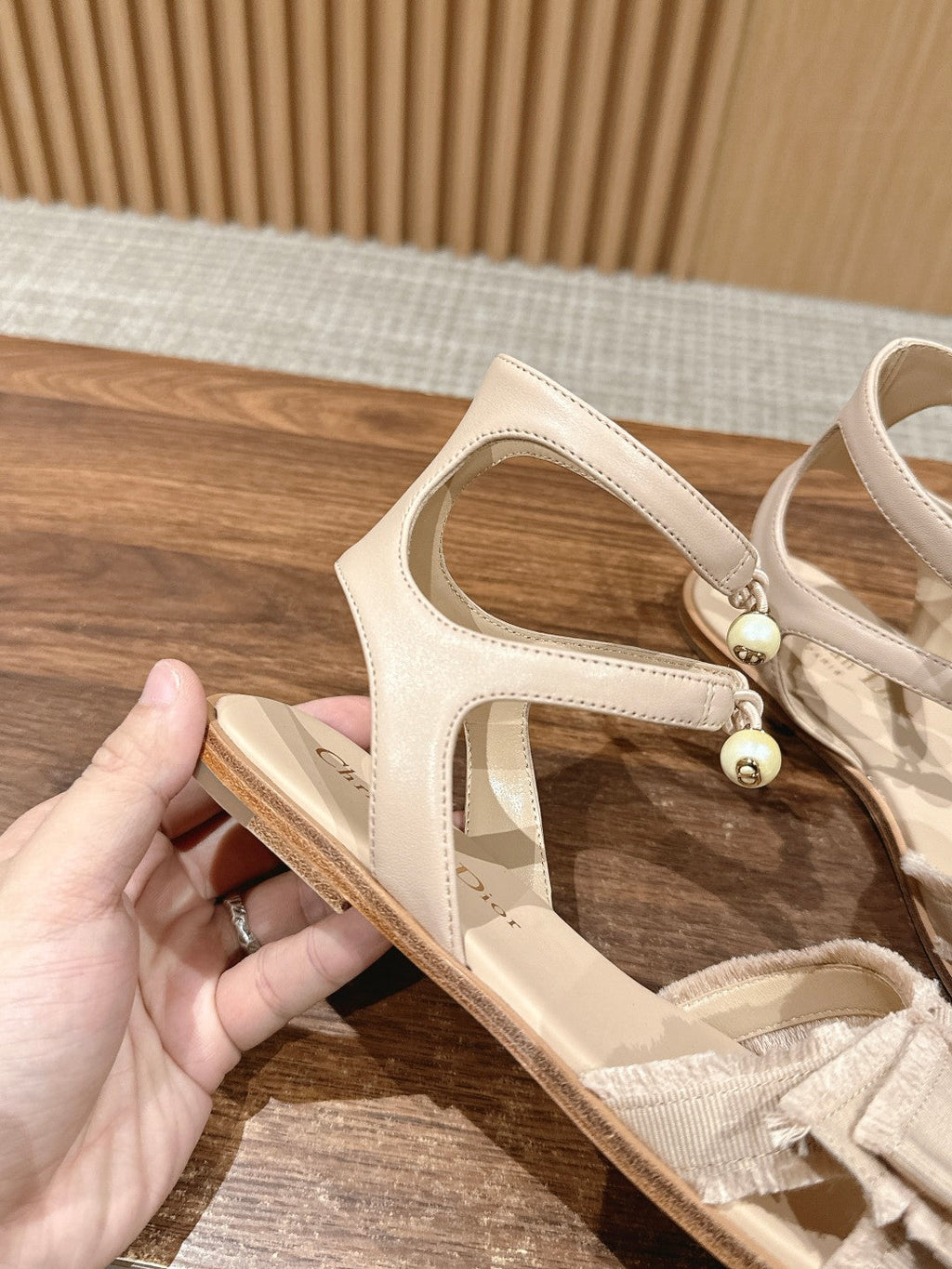 DIOR ADIORABLE SANDALS 25S IN LIGHT BEIGE FABRIC AND LAMBSKIN WITH PEARL DETAILING