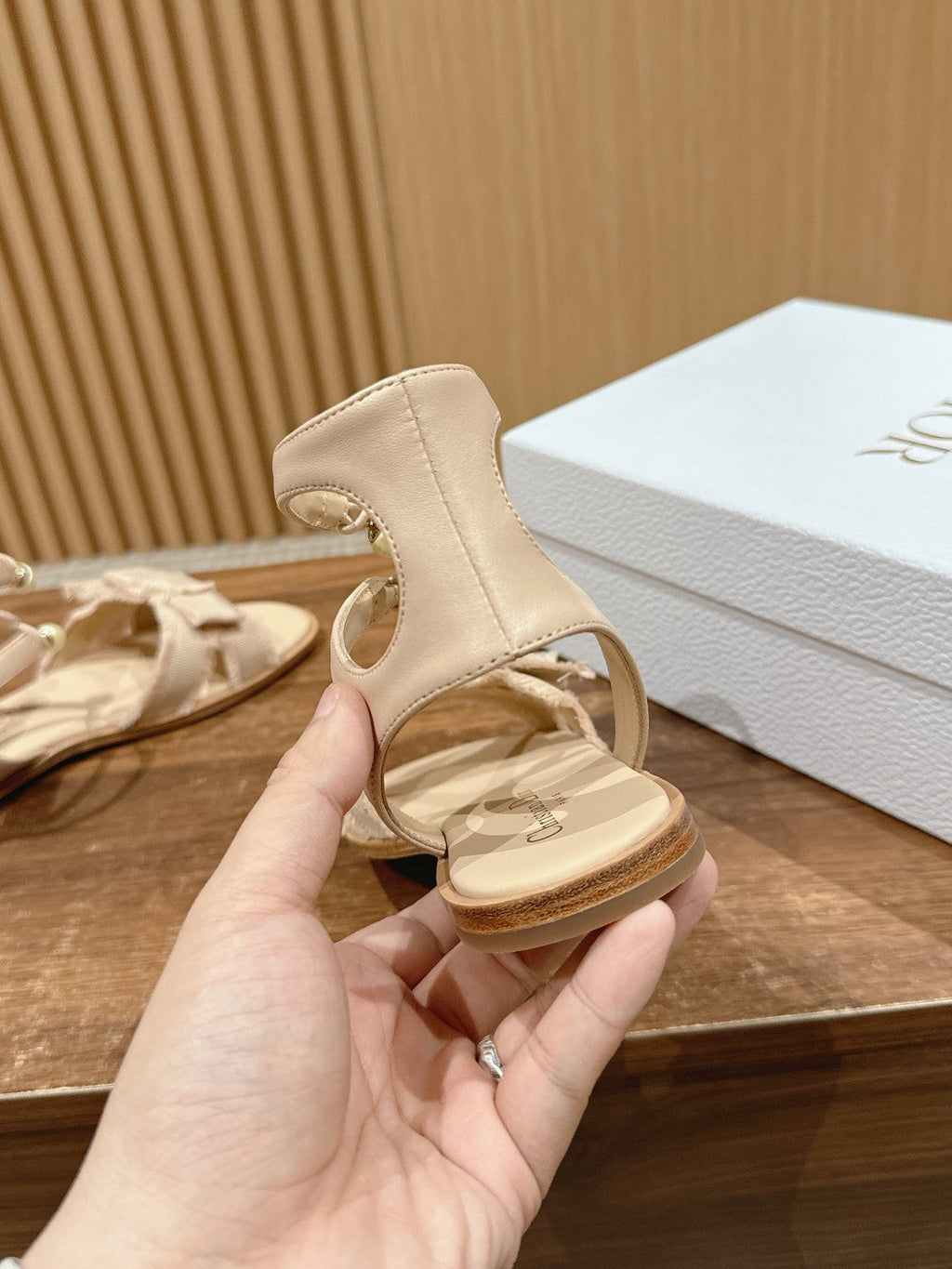 DIOR ADIORABLE SANDALS 25S IN LIGHT BEIGE FABRIC AND LAMBSKIN WITH PEARL DETAILING