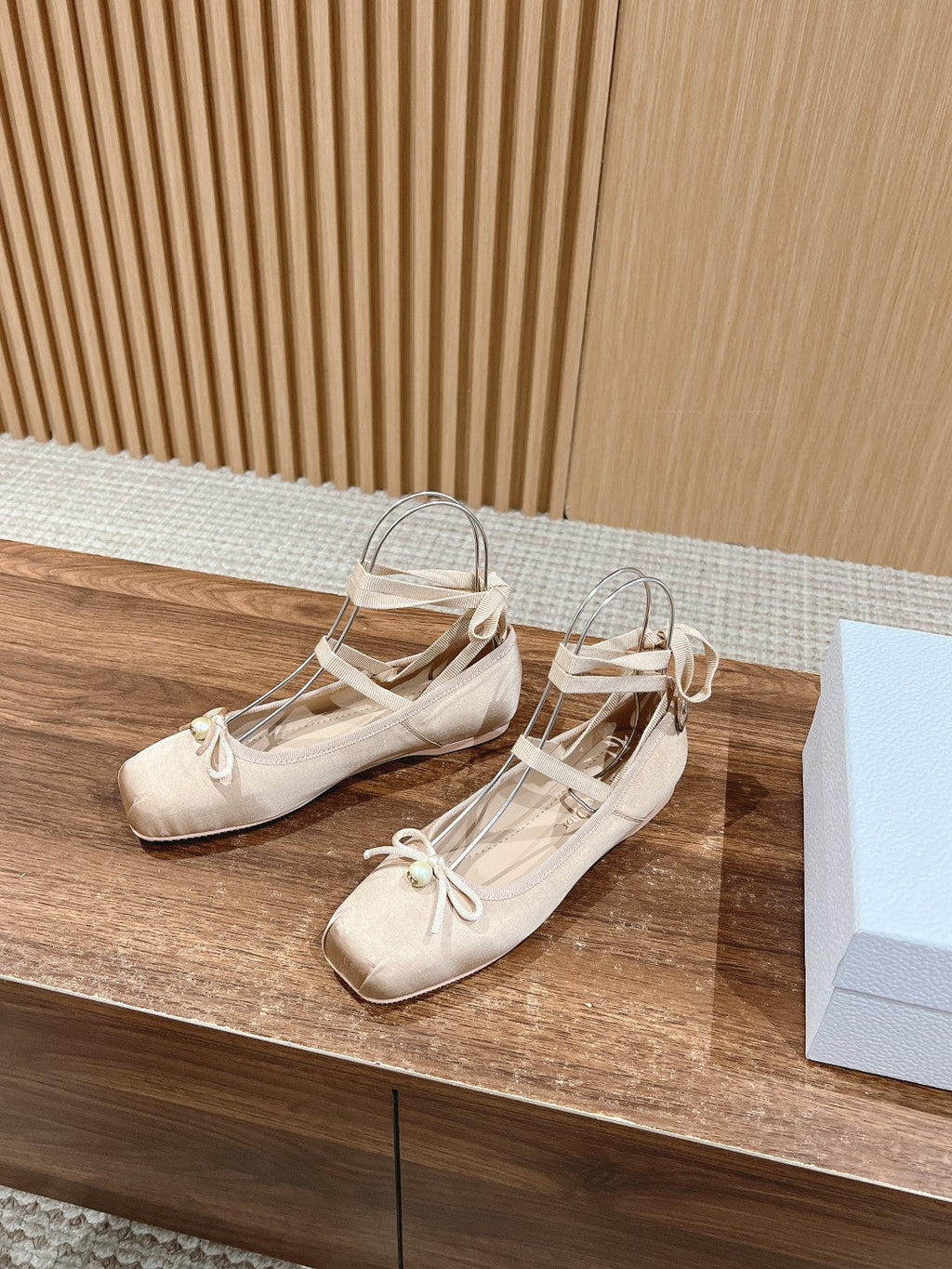DIOR CLASSIC LACE-UP BALLET FLATS 25S IN NUDE SATIN PEARL DETAILING