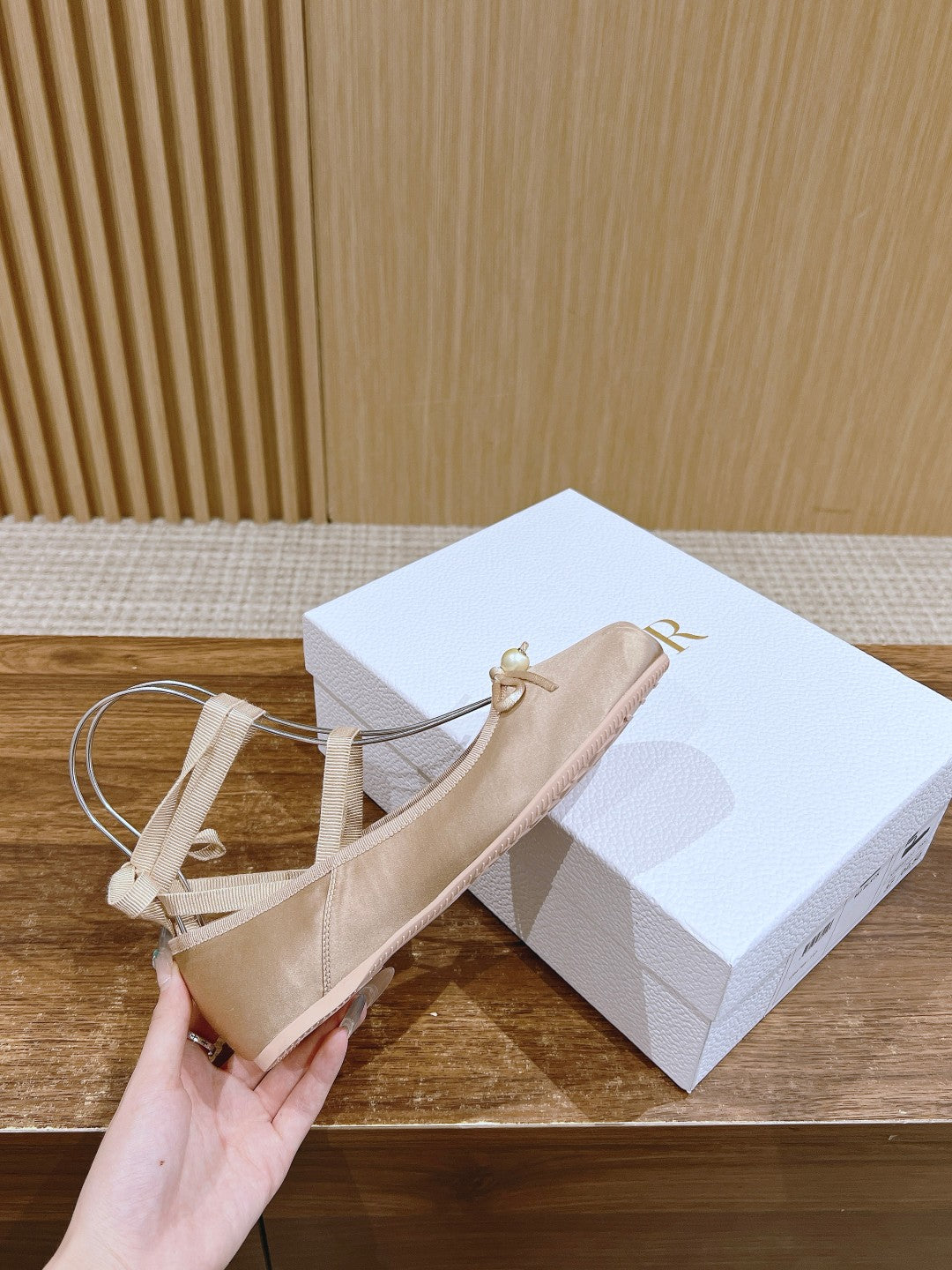 DIOR CLASSIC LACE-UP BALLET FLATS 25S IN NUDE SATIN PEARL DETAILING