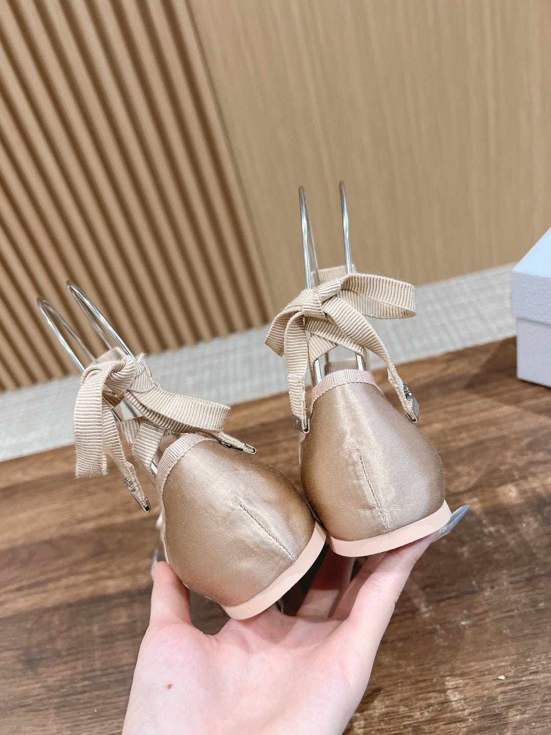 DIOR CLASSIC LACE-UP BALLET FLATS 25S IN NUDE SATIN PEARL DETAILING