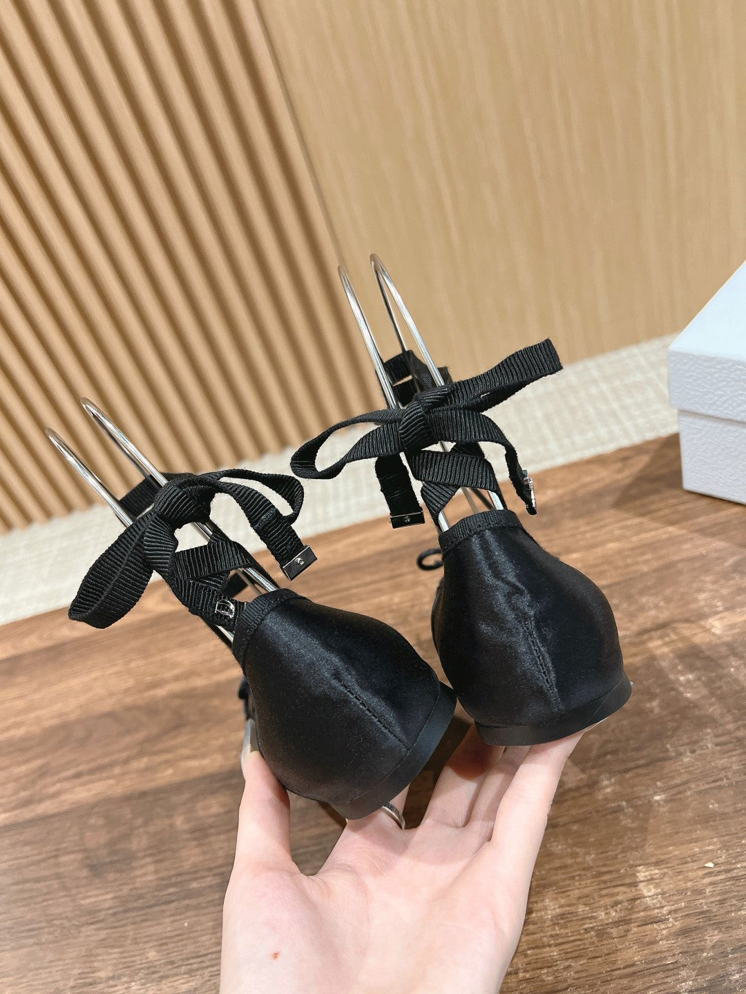 DIOR CLASSIC LACE-UP BALLET FLATS 25S IN BLACK SATIN PEARL DETAILING