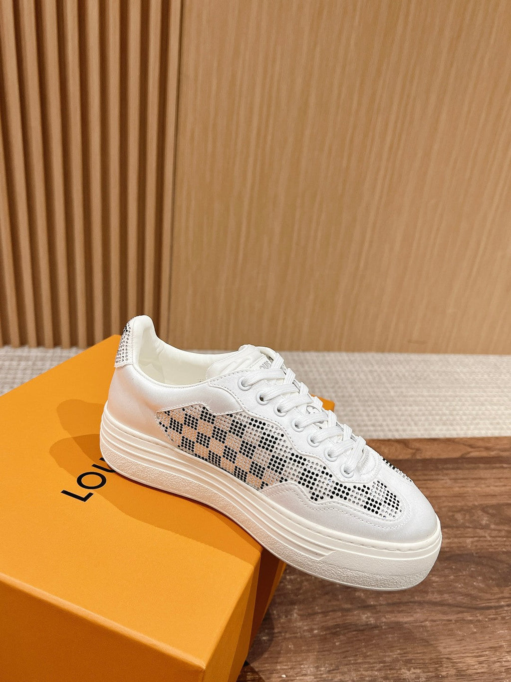 LV GROOVY SNEAKER IN WHITE DAMIER STRASS AND CALFSKIN