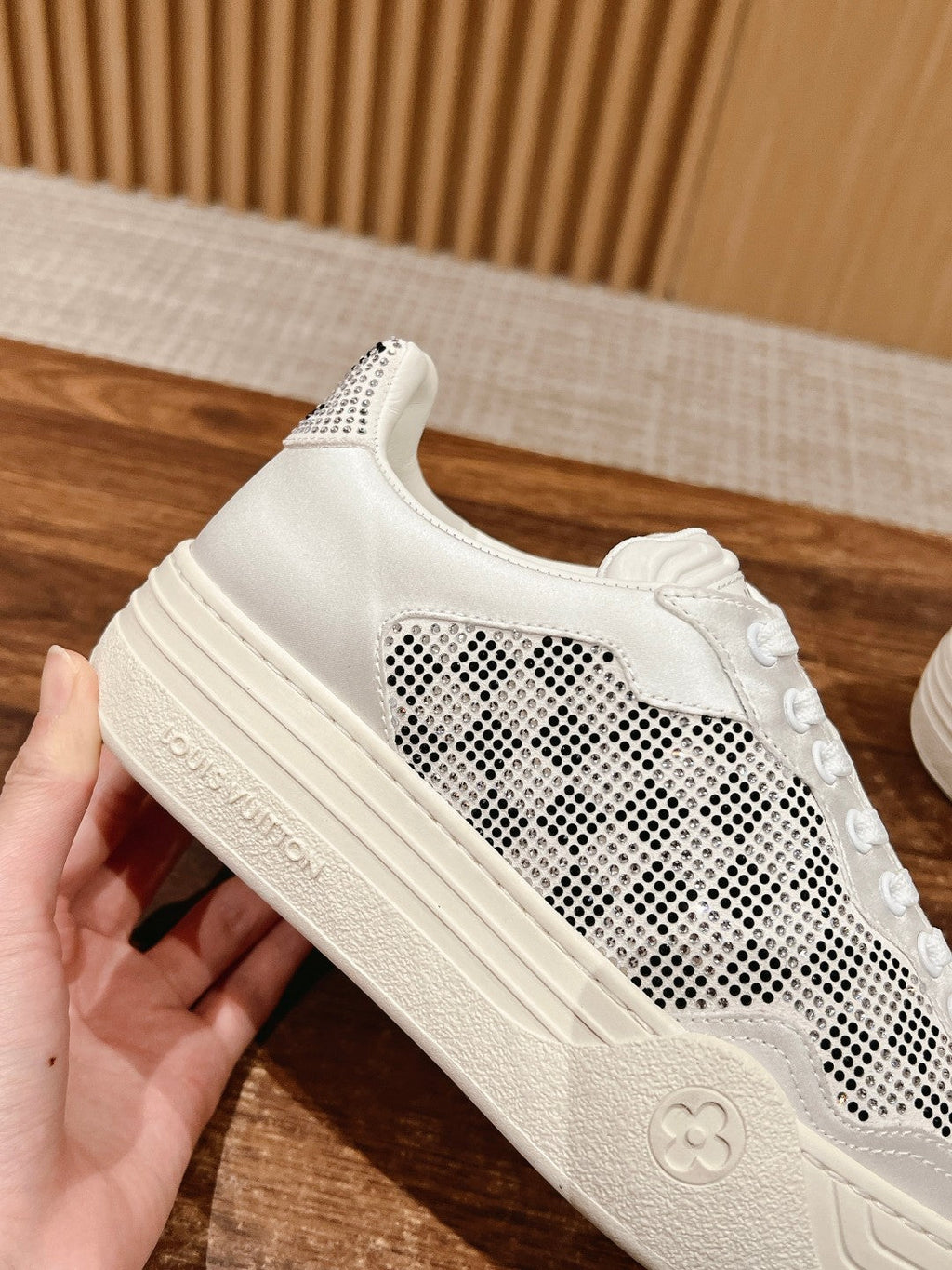 LV GROOVY SNEAKER IN WHITE DAMIER STRASS AND CALFSKIN