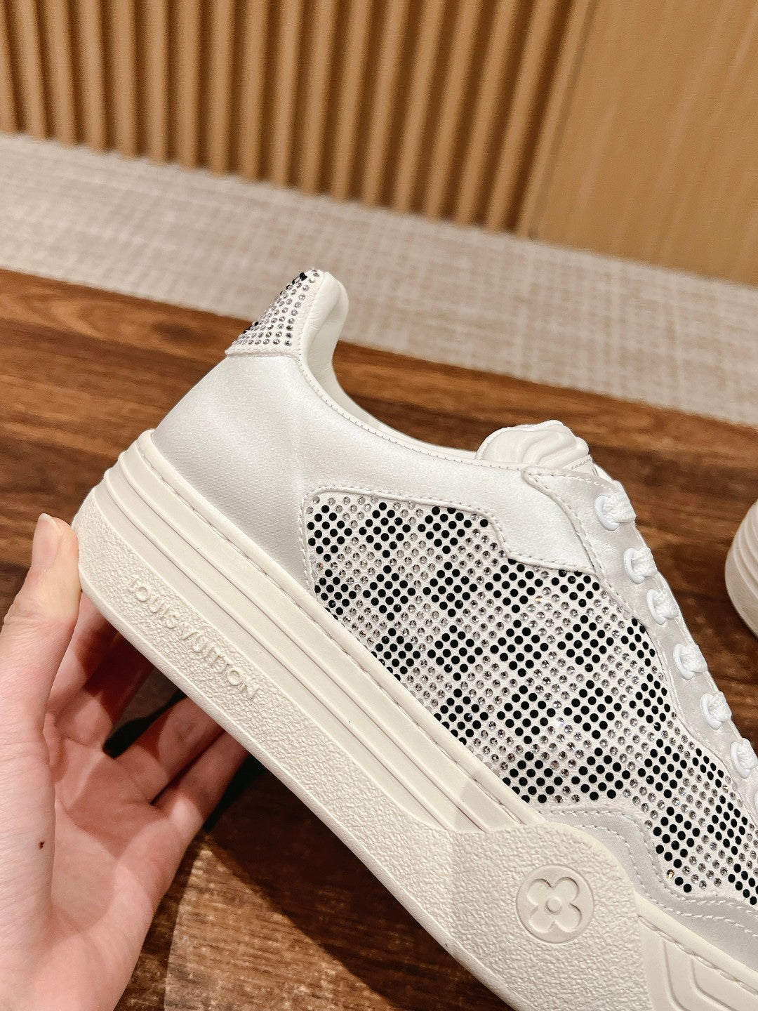 LV GROOVY SNEAKER IN WHITE DAMIER STRASS AND CALFSKIN