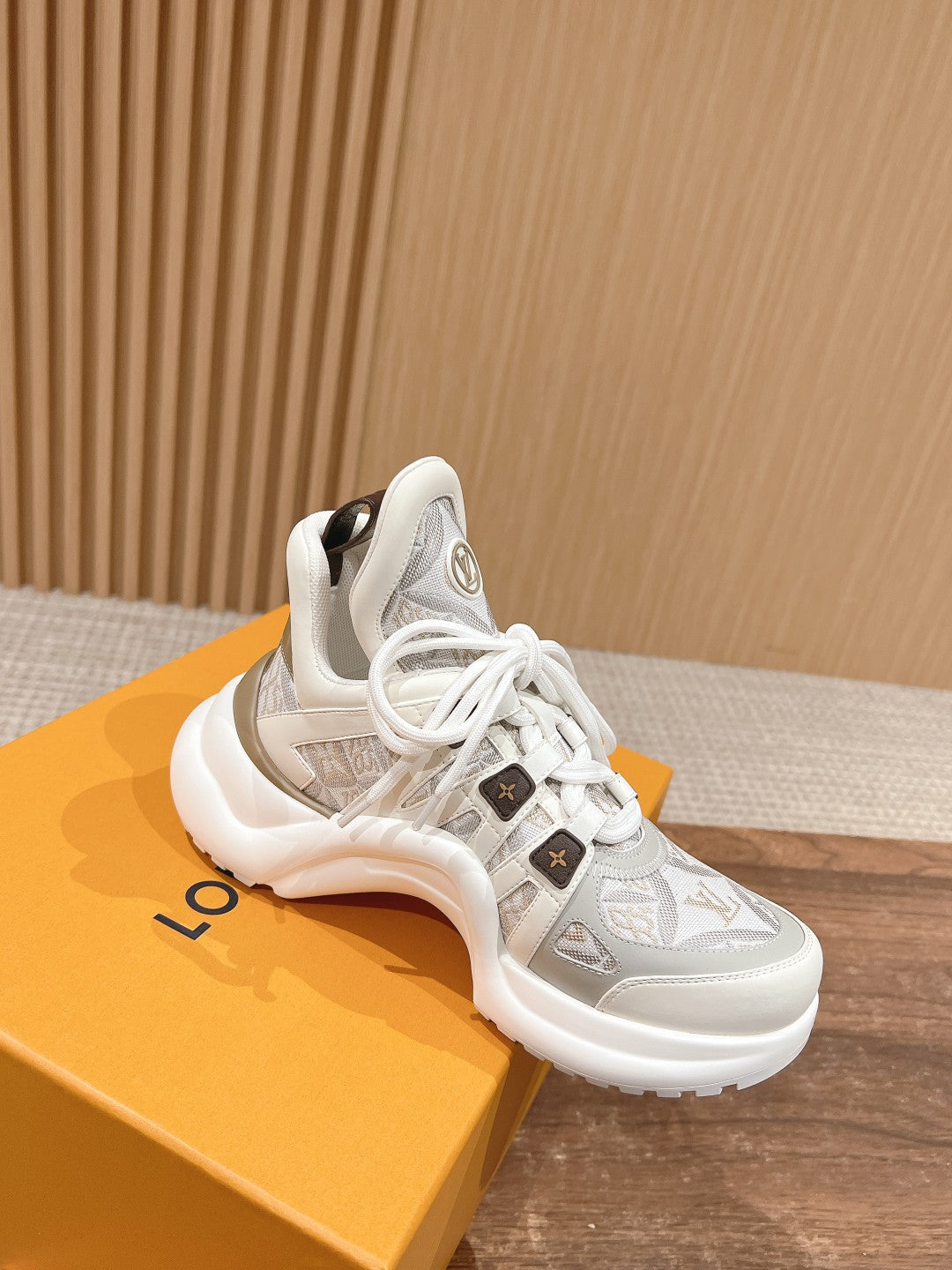 LV ARCHLIGHT SNEAKER IN WHITE MIX PALE GRAY CALFSKIN AND MONOGRAM DENIM