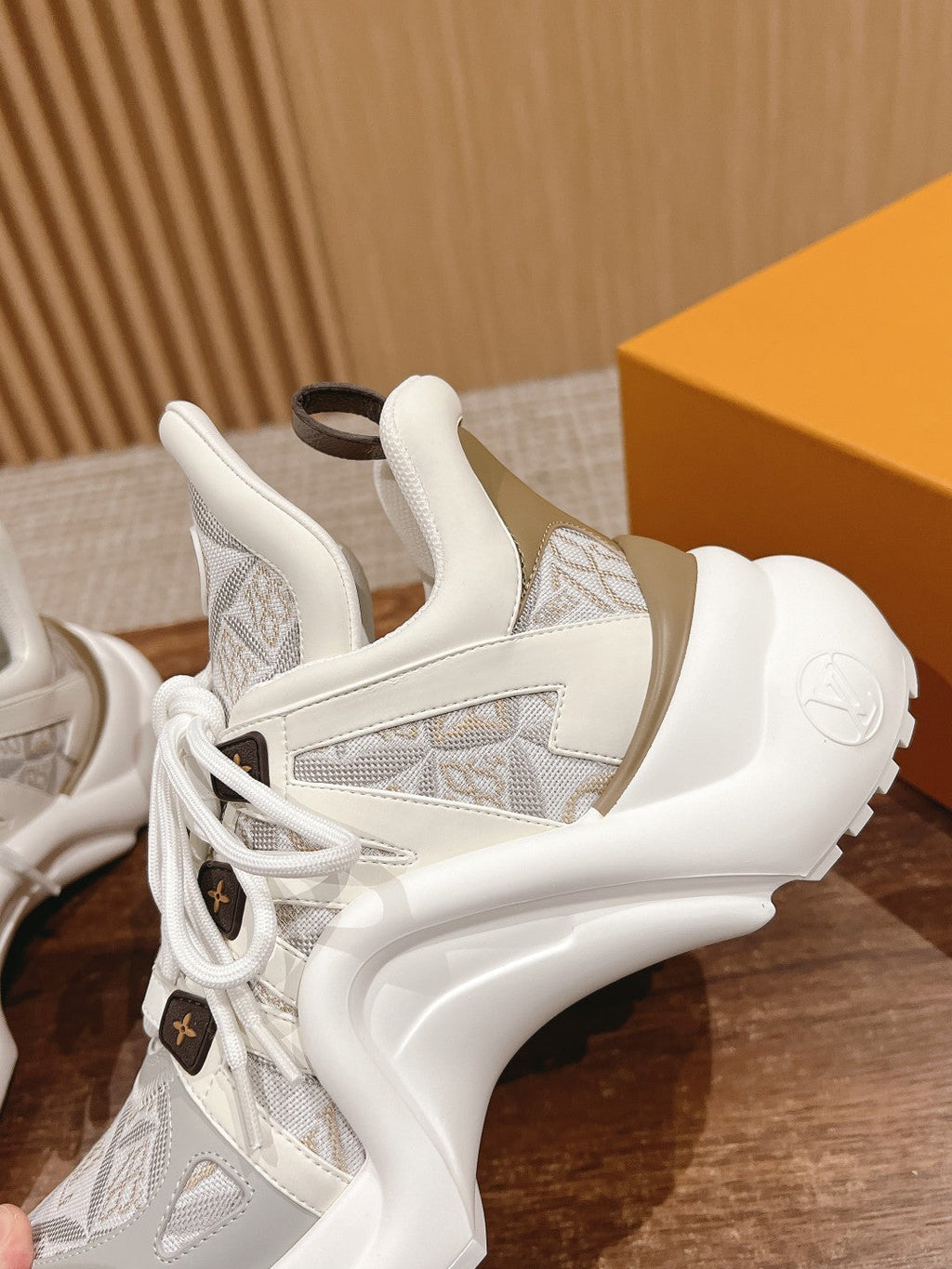 LV ARCHLIGHT SNEAKER IN WHITE MIX PALE GRAY CALFSKIN AND MONOGRAM DENIM