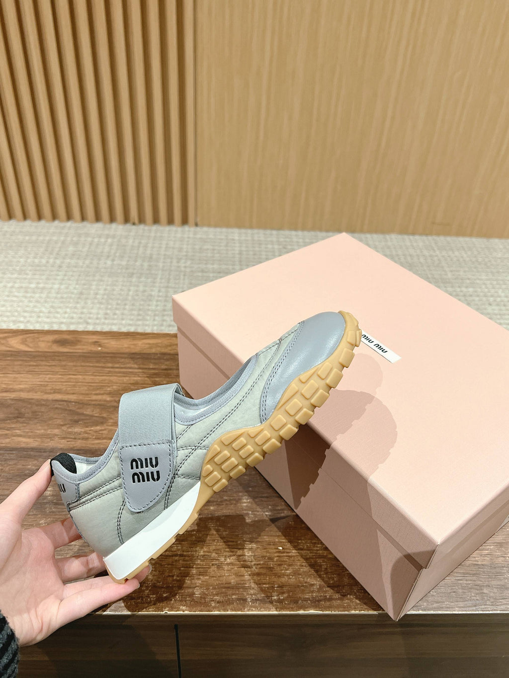 BALLET SHOES IN GRAY LAMBSKIN AND FABRIC ANTI-SLIP RUBBER SOLE