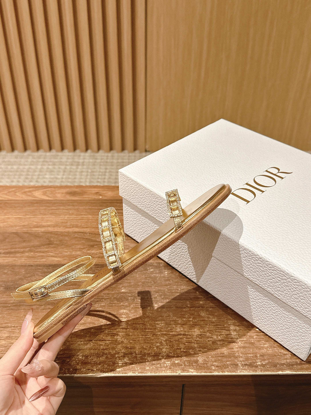 DIOR TWO-STRAP RHINESTONE SANDALS IN GOLD LAMBSKIN