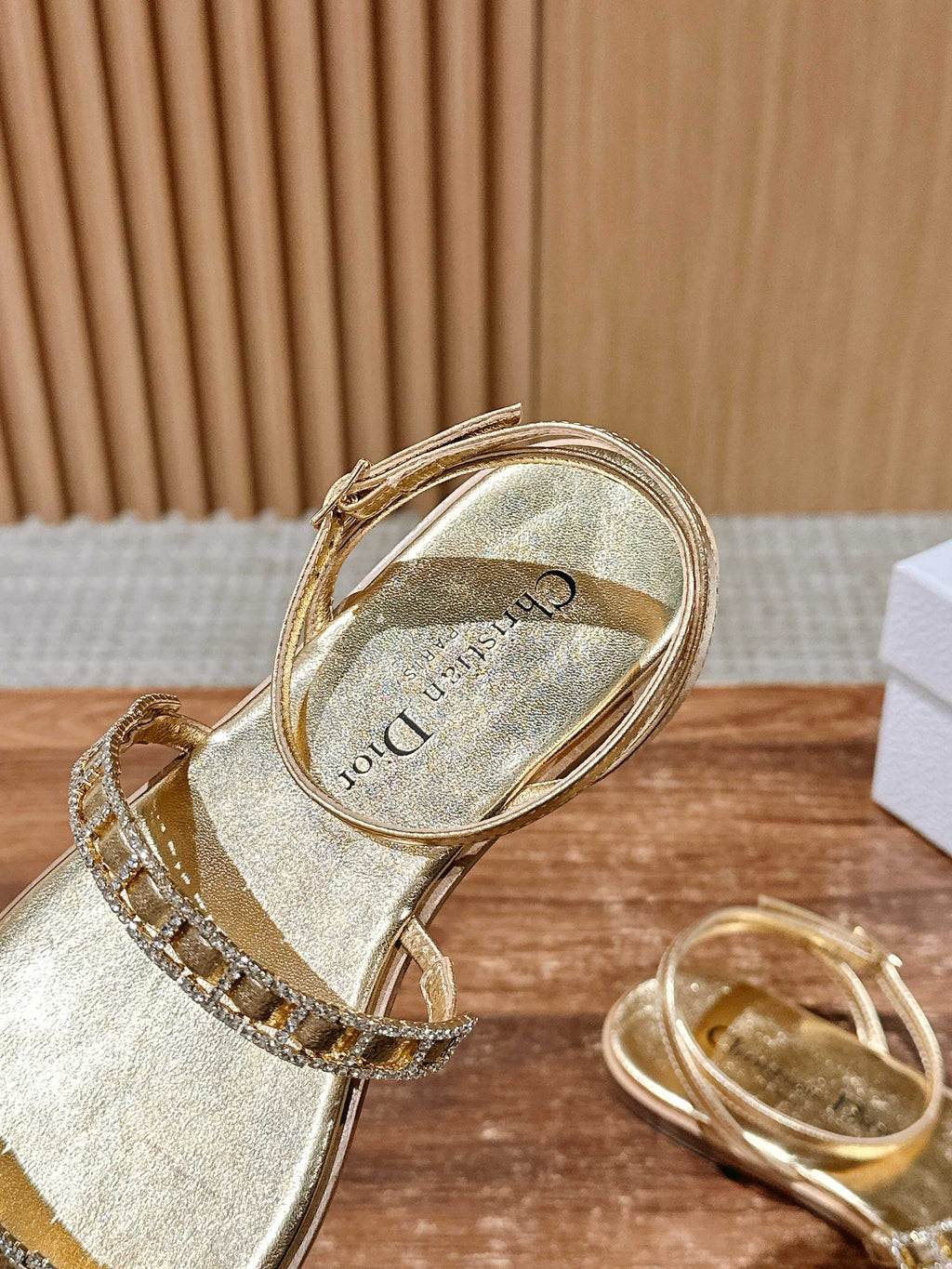 DIOR TWO-STRAP RHINESTONE SANDALS IN GOLD LAMBSKIN