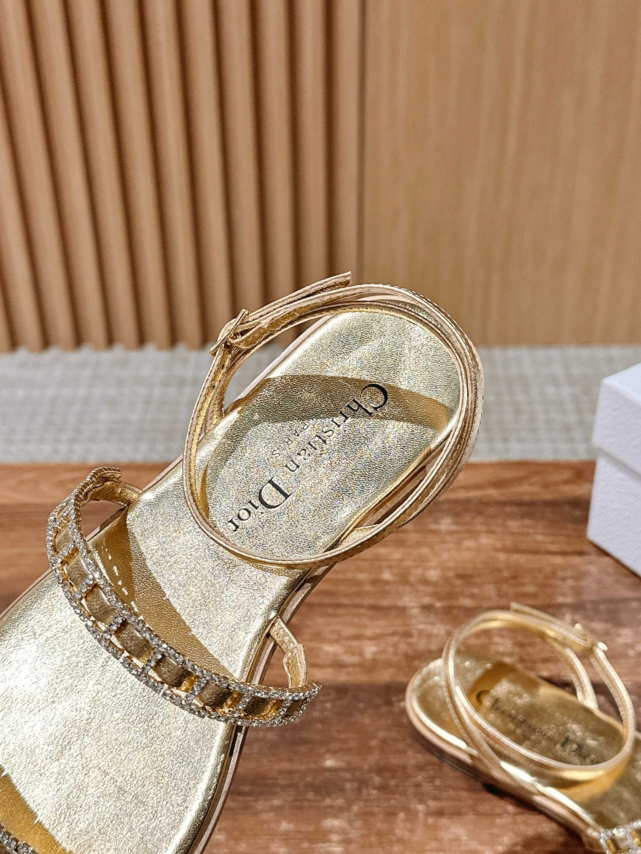 DIOR TWO-STRAP RHINESTONE SANDALS IN GOLD LAMBSKIN