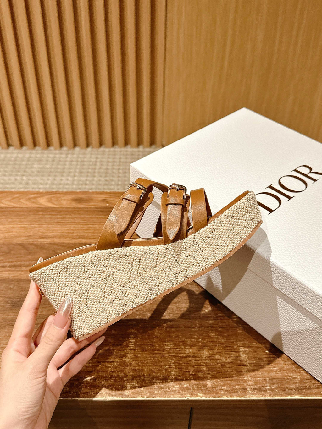 ATTITUDE WEDGE SLIDE 90MM IN BROWN ADJUSTABLE STRAPS CALFSKIN CANVAS SOLE