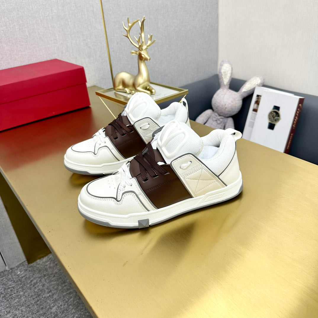 One Stud Sneaker Garavani Calfskin Fabric Brown White