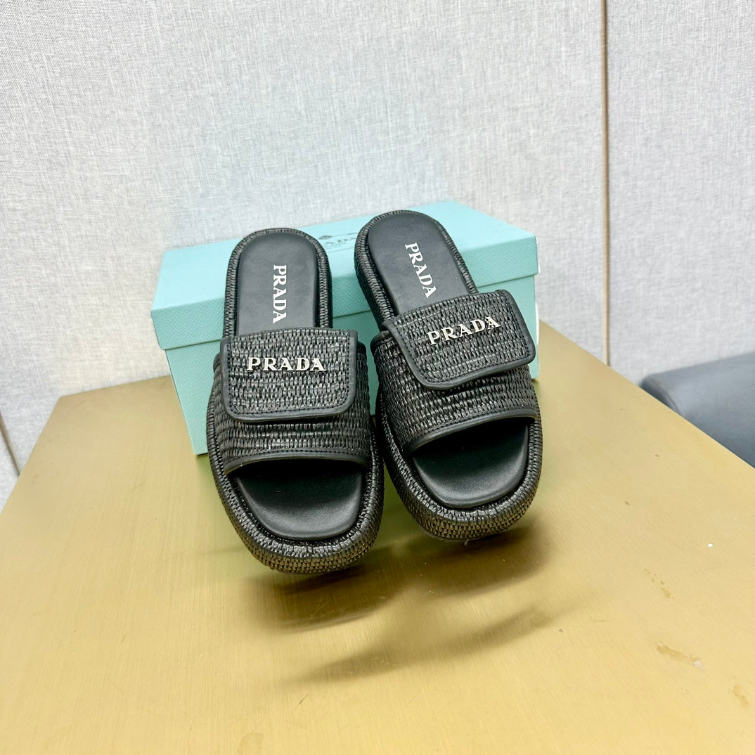 PRA CROCHET SLIDES SLIPPERS BLACK RAFFIA