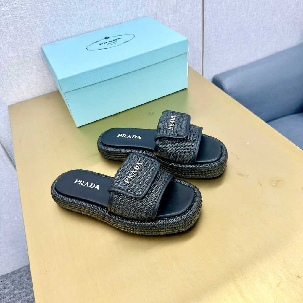 PRA CROCHET SLIDES SLIPPERS BLACK RAFFIA