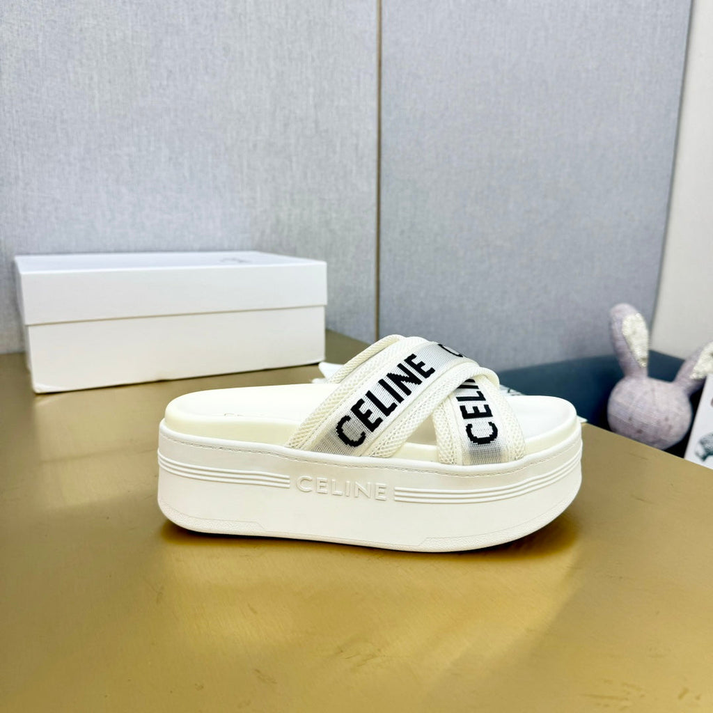 BLOCK SLIDE CROSS-STRAP IN WHITE MESH NYLON AND TEXT WITH JACQUARD