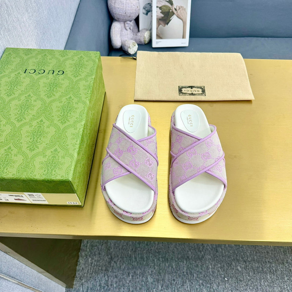 GG SLIDE SANDAL PASTEL PINK CANVAS CROSS STRAPS