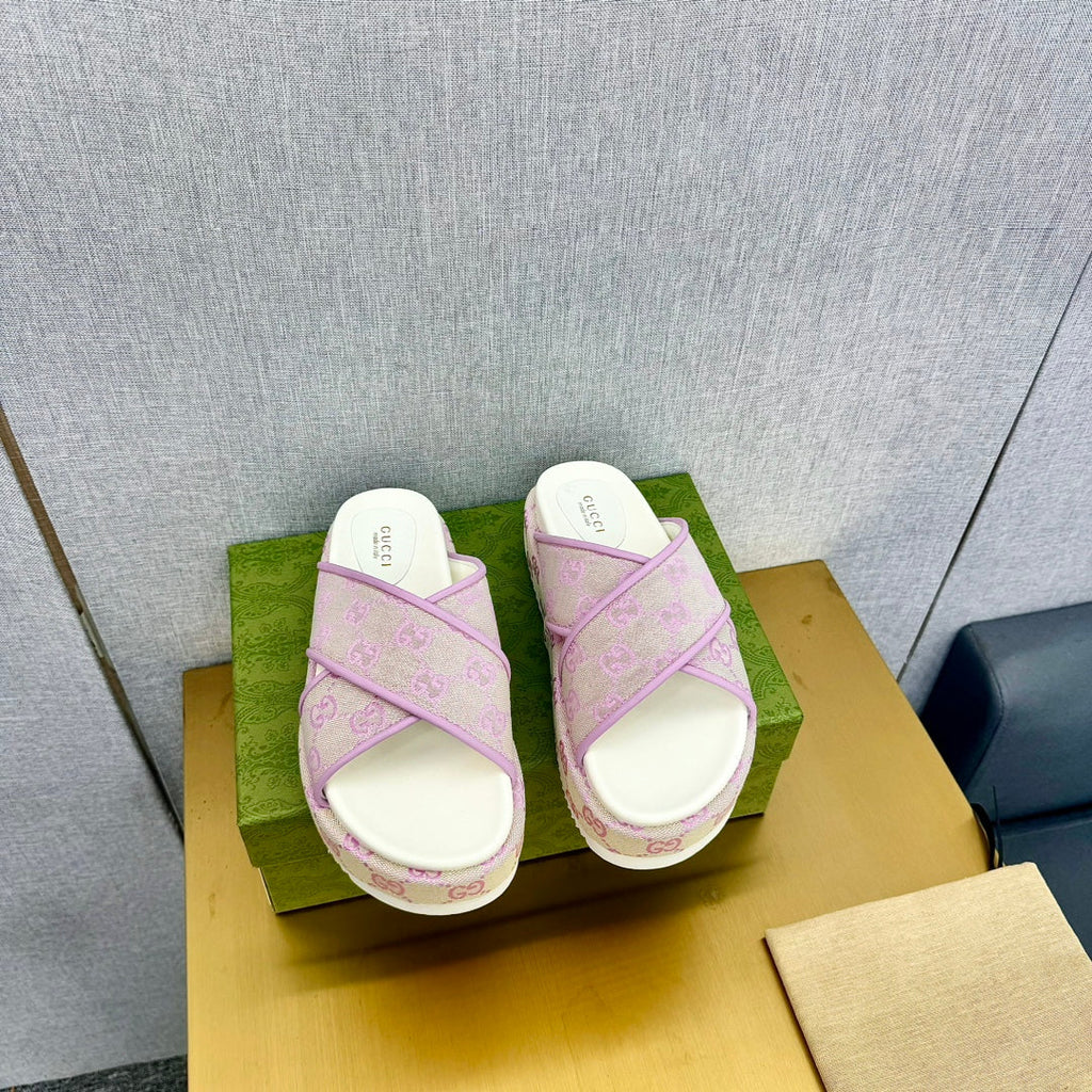GG SLIDE SANDAL PASTEL PINK CANVAS CROSS STRAPS