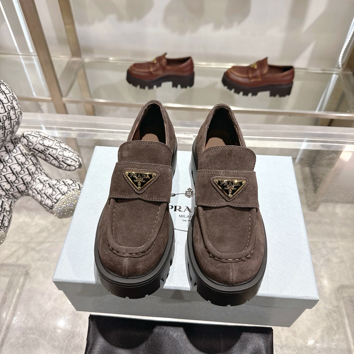 PRADA 25S THICK-SOLE LOAFERS 60 MM IN DARK BROWN SUEDE