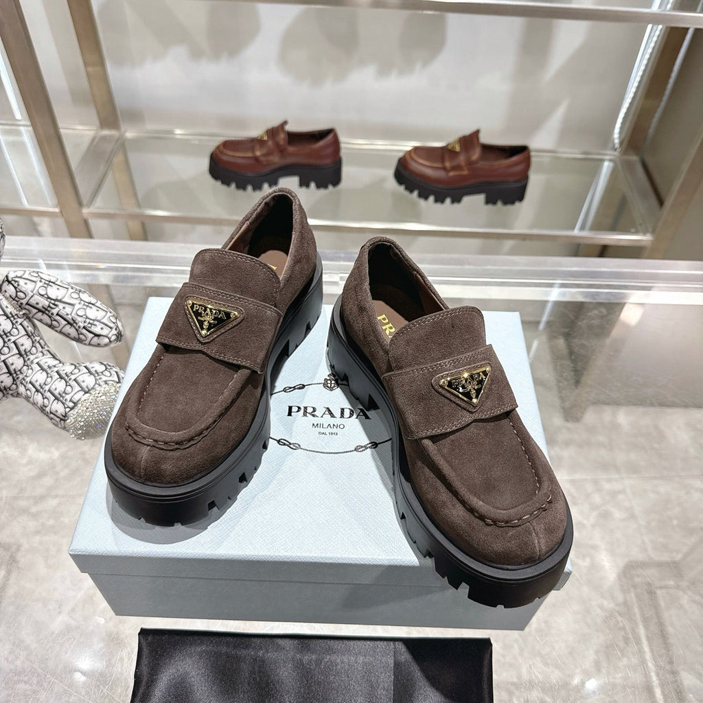 PRADA 25S THICK-SOLE LOAFERS 60 MM IN DARK BROWN SUEDE