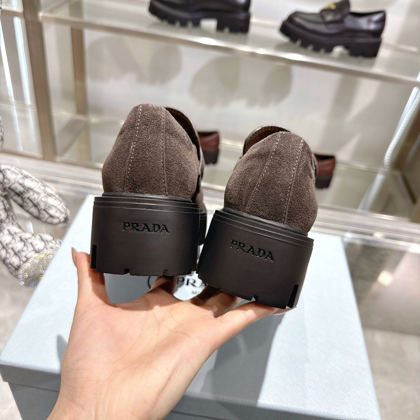 PRADA 25S THICK-SOLE LOAFERS 60 MM IN DARK BROWN SUEDE