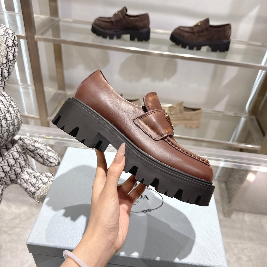 PRADA 25S THICK-SOLE LOAFERS 60 MM IN BROWN SMOOTH CALFSKIN