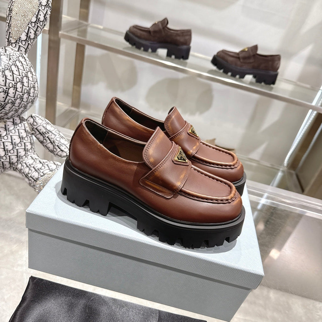 PRADA 25S THICK-SOLE LOAFERS 60 MM IN BROWN SMOOTH CALFSKIN