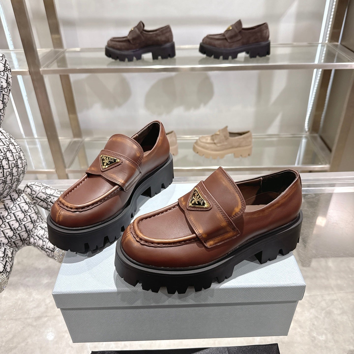 PRADA 25S THICK-SOLE LOAFERS 60 MM IN BROWN SMOOTH CALFSKIN