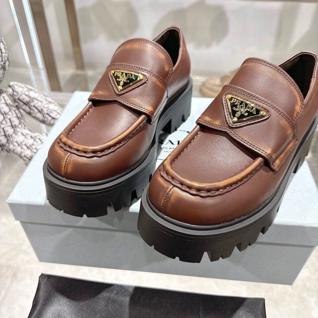 PRADA 25S THICK-SOLE LOAFERS 60 MM IN BROWN SMOOTH CALFSKIN