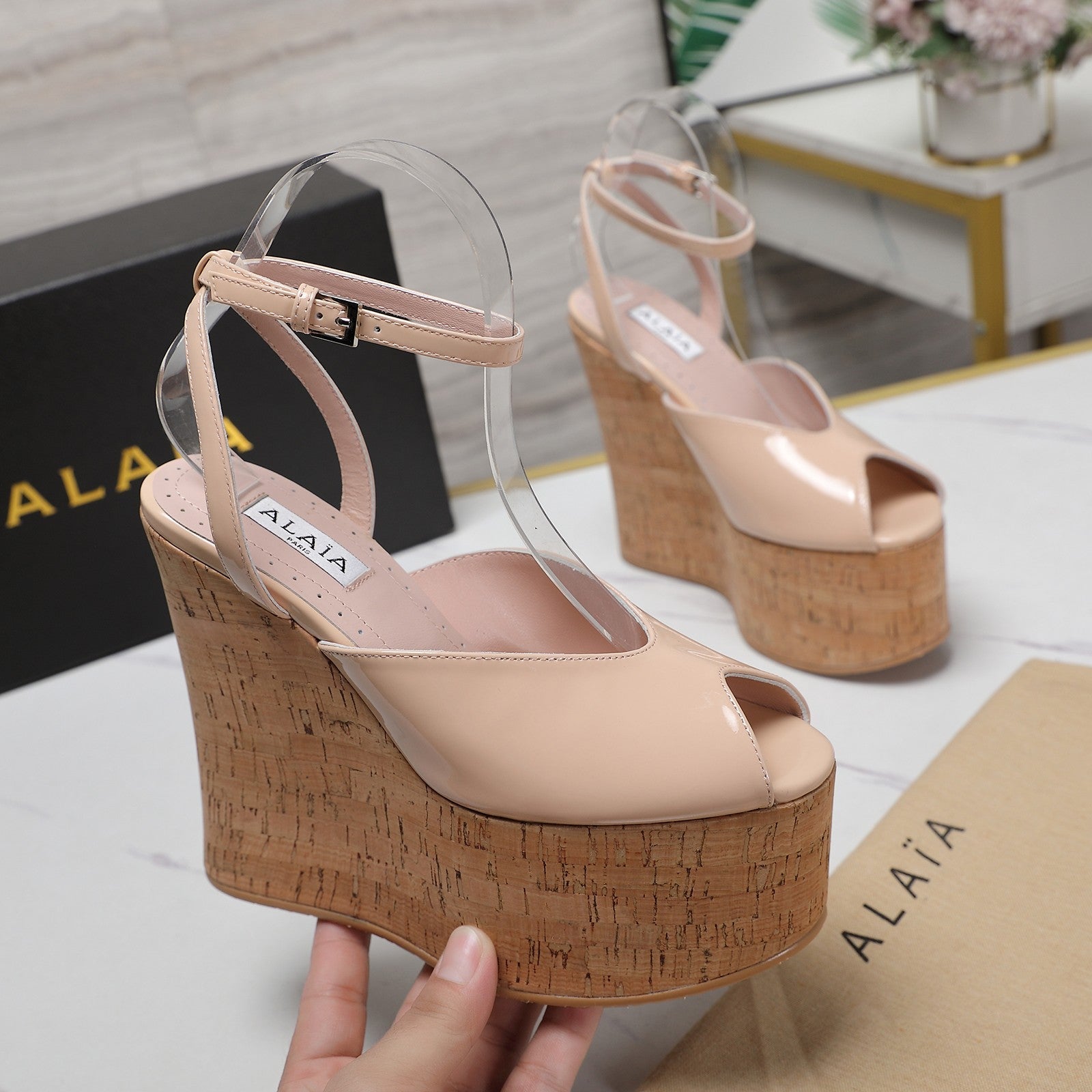 ALAIA WEDGE SANDAL IN BEIGE TAN GLOSSY CALFSKIN AND BEIGE RUBBER