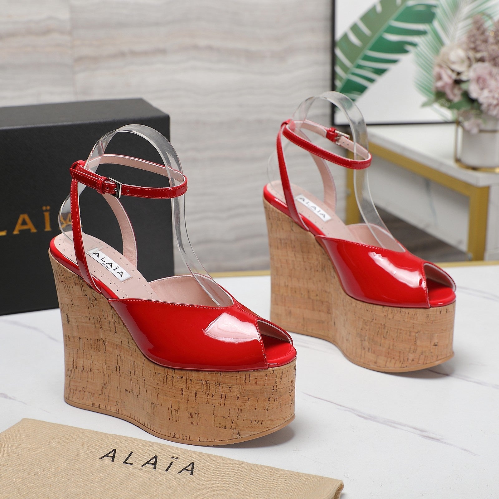 ALAIA WEDGE SANDAL IN CRIMSON RED GLOSSY CALFSKIN AND BEIGE RUBBER