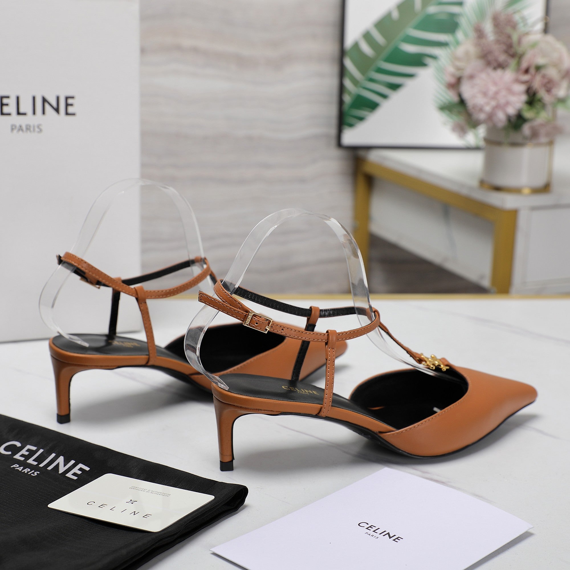 HIGH 5 CM SLINGBACK IN CINNAMON BROWN CALFSKIN WITH GOLD LOGO