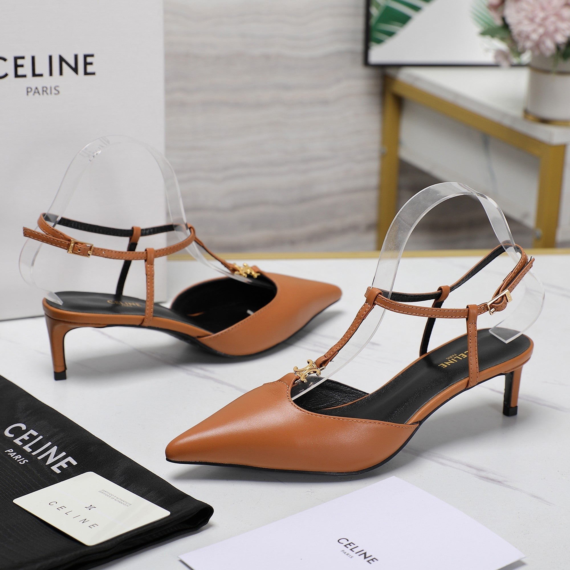 HIGH 5 CM SLINGBACK IN CINNAMON BROWN CALFSKIN WITH GOLD LOGO