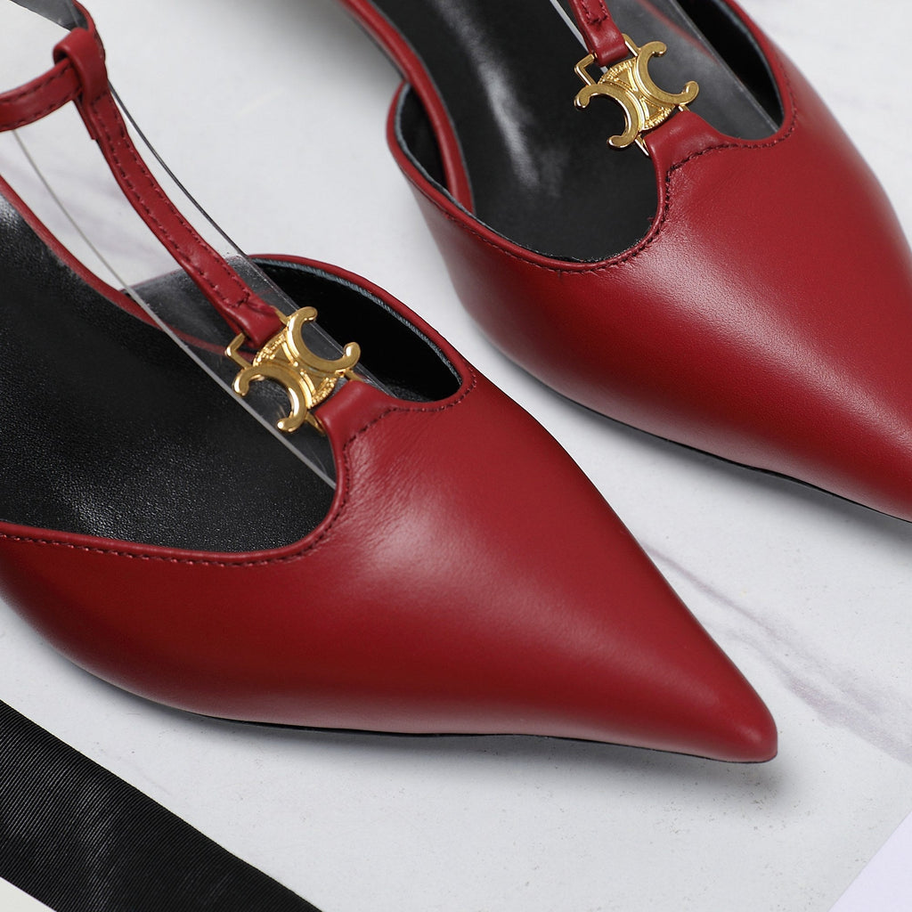 HIGH 5 CM SLINGBACK IN CHERRY RED CALFSKIN WITH GOLD LOGO
