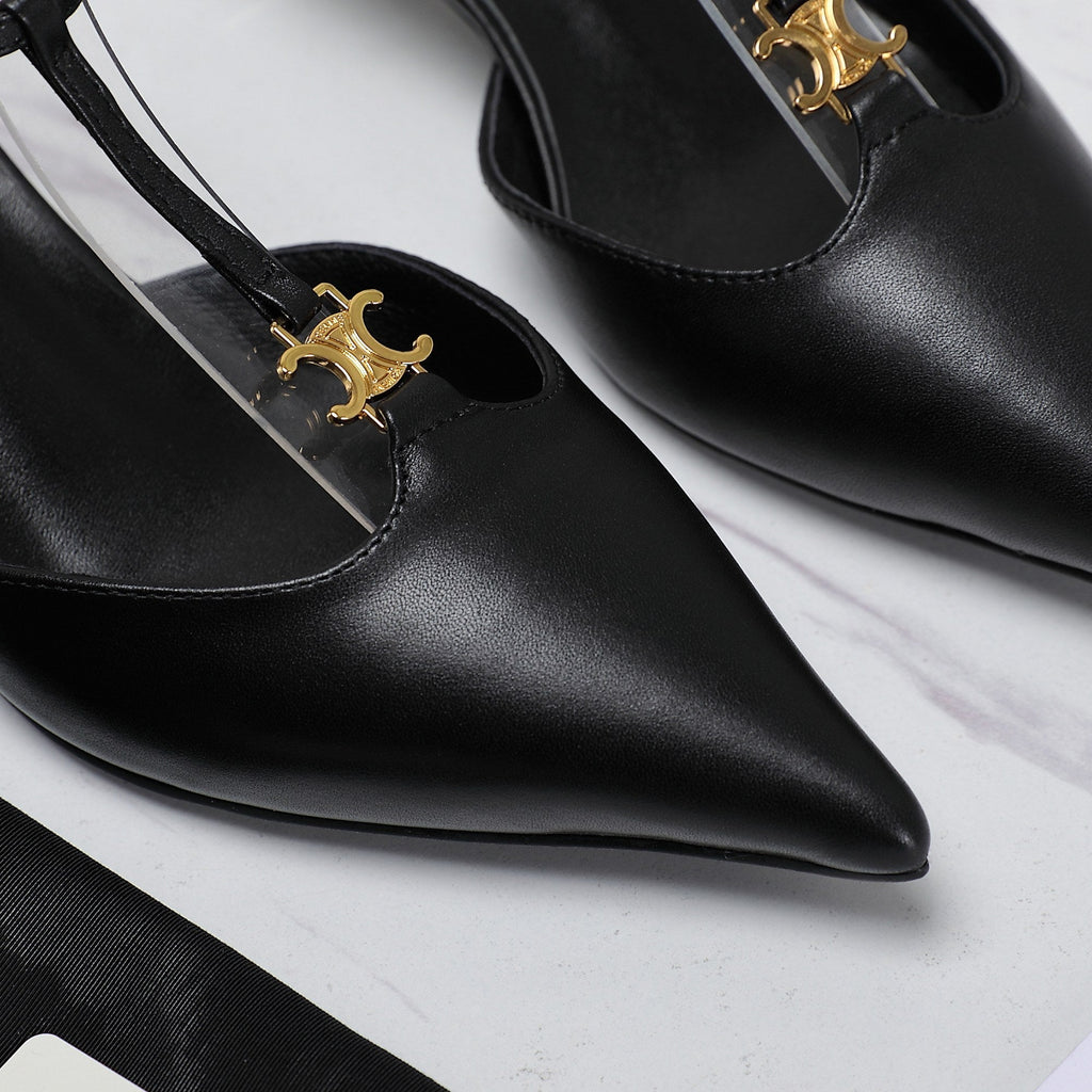 HIGH 5 CM SLINGBACK IN BLACK CALFSKIN WITH GOLD LOGO