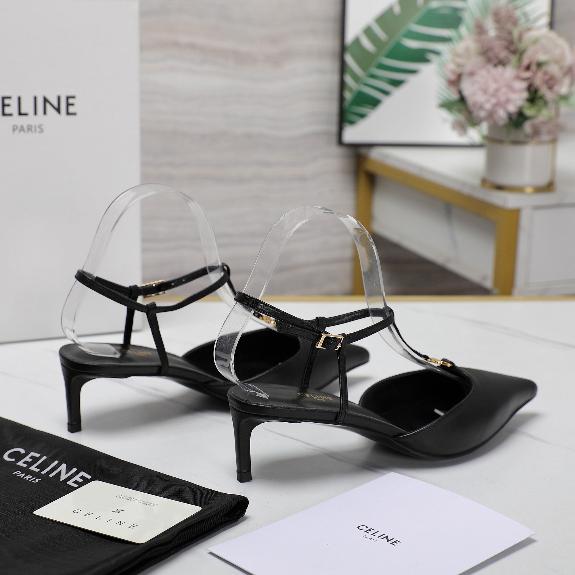 HIGH 5 CM SLINGBACK IN BLACK CALFSKIN WITH GOLD LOGO