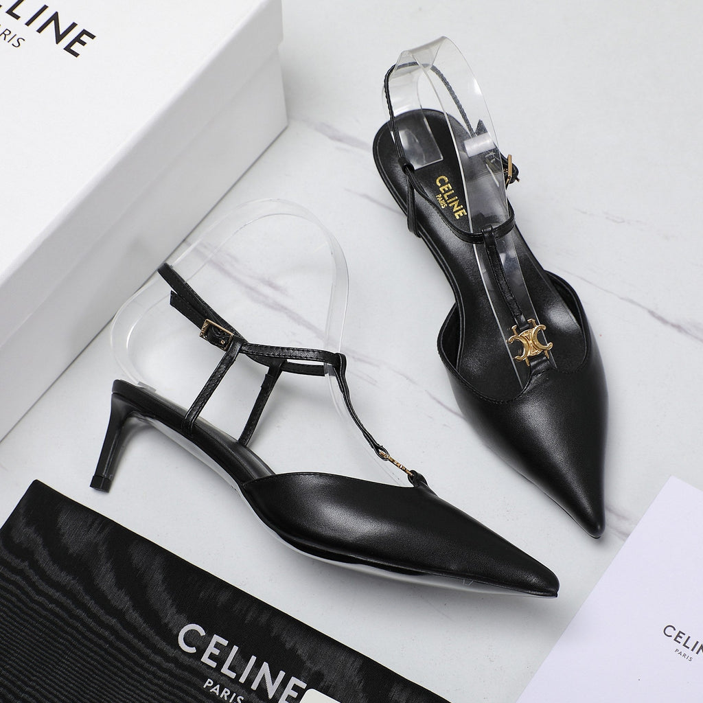 HIGH 5 CM SLINGBACK IN BLACK CALFSKIN WITH GOLD LOGO